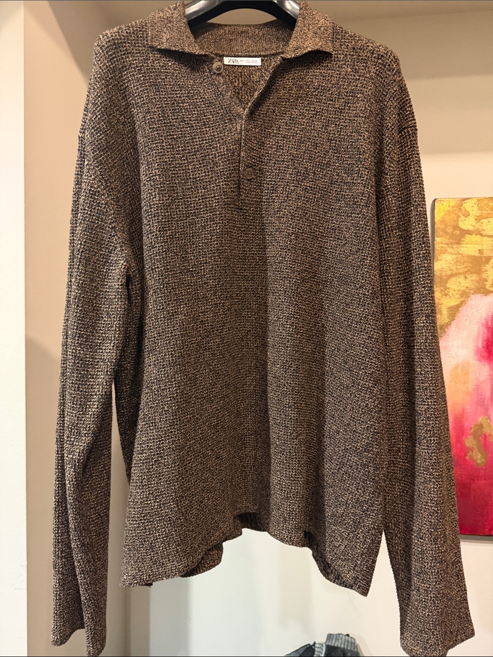 Zara Men's Brown Knit Polo Sweater